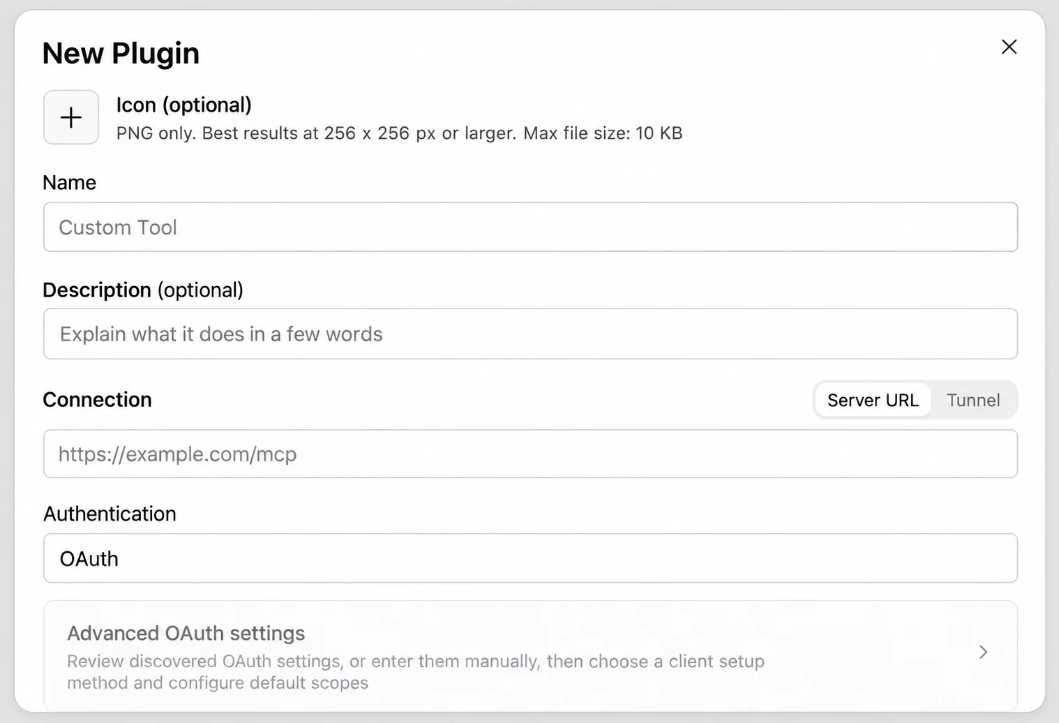 In New Plugin, name it Royalty Recovery Agent and paste this agent’s MCP link into Connection. Keep Server URL and choose the authentication required by this agent (OAuth for sign-in).