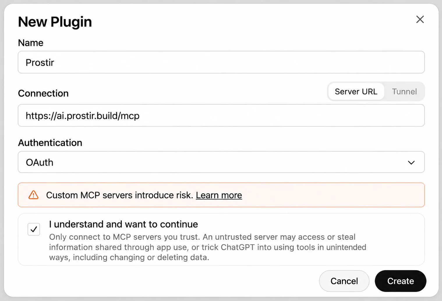 The screenshot shows the Prostir system URL as an example. Use this agent’s link above, review the warning, tick “I understand and want to continue”, select Create, and sign in if prompted.