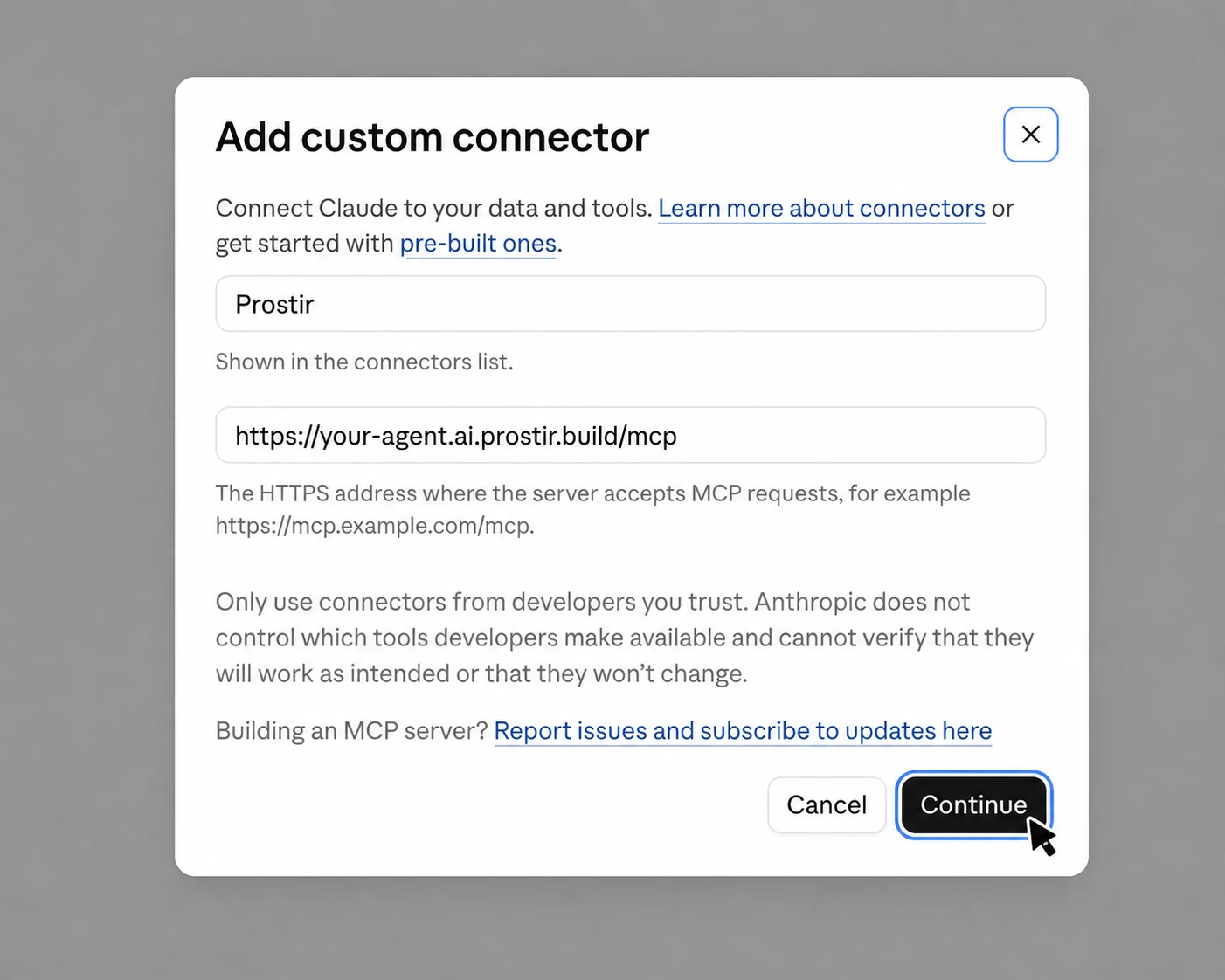 Name the connector Royalty Recovery Agent, paste this connection link, and press Continue.
